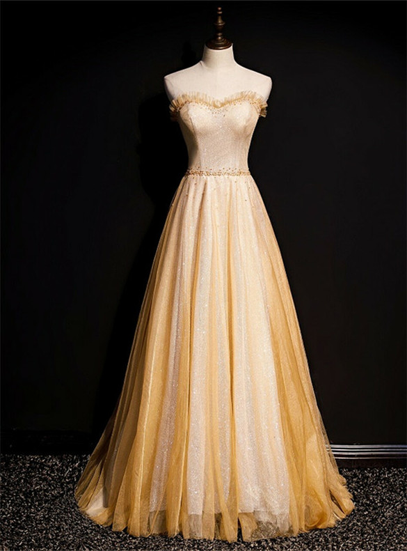 Gold Strapless Tulle Sequins BeadingProm Dress