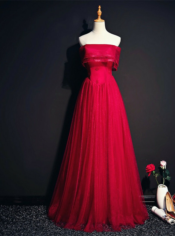 Unique Burgundy Tulle Strapless Prom Dress