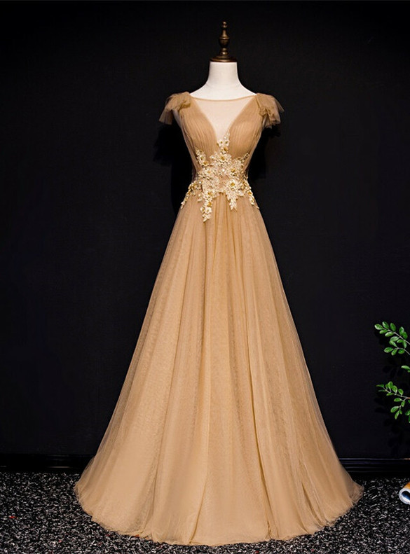 Gold Tulle Appliques Pleats Beading Prom Dress