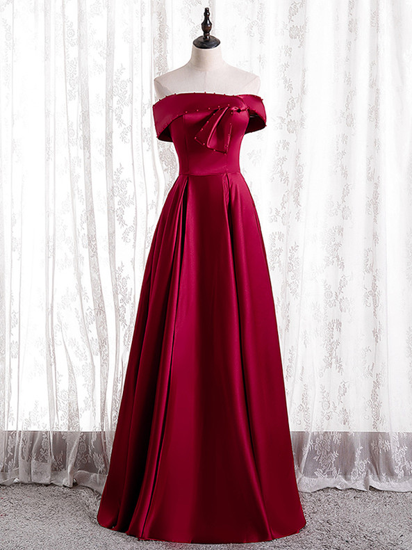 Casual Burgundy Satin Pearls Long Prom Dress