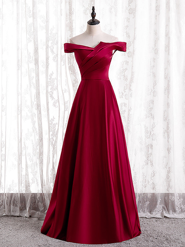 Burgundy Satin Pleats Off the Shoulder Prom Dress