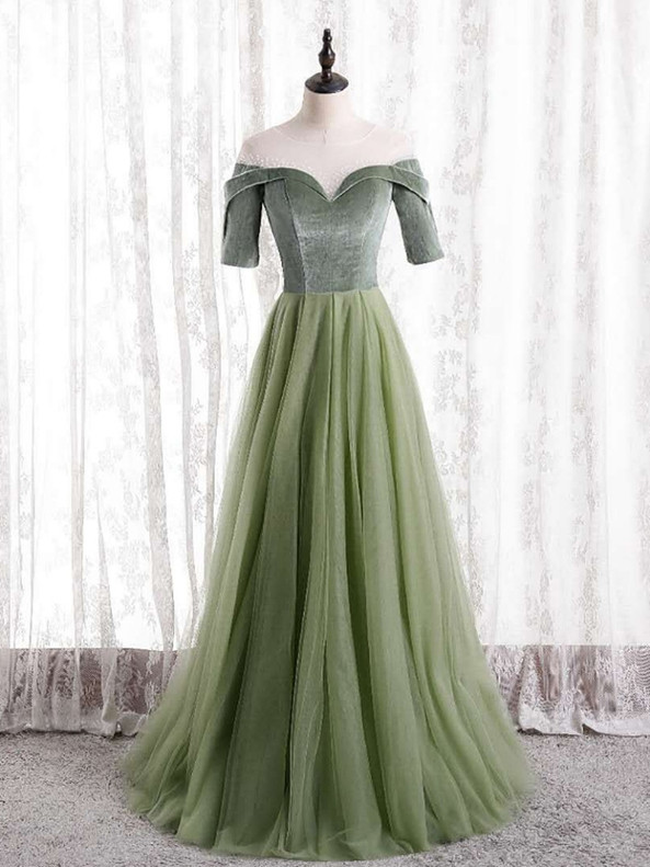 Green Velvet Tulle Short Sleeve Beading Prom Dress