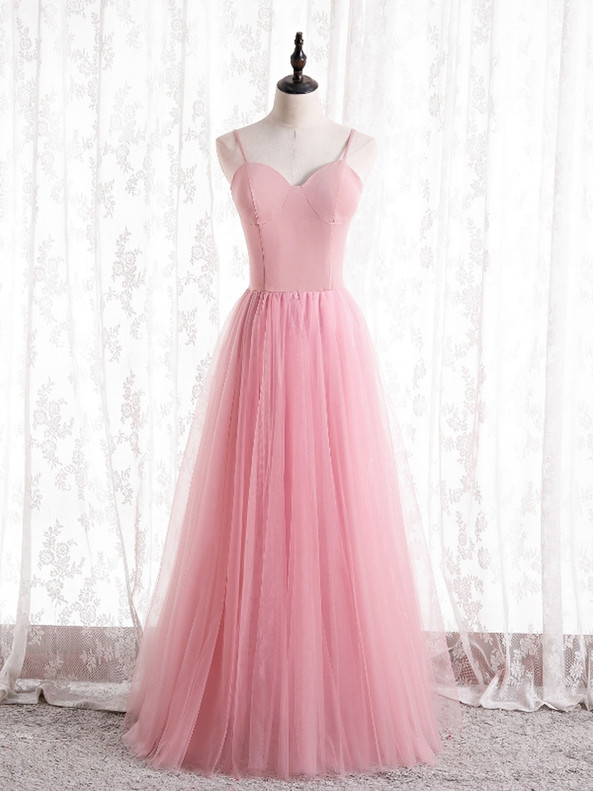 Cute Pink Tulle Spaghetti Straps Prom Dress