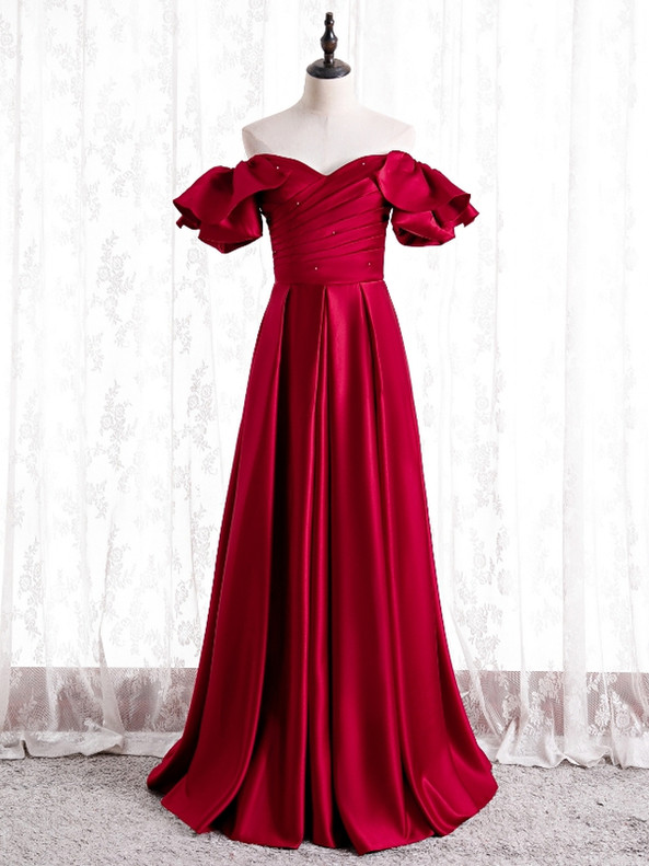 Distinctive Burgundy Satin  Pleats Prom Dress