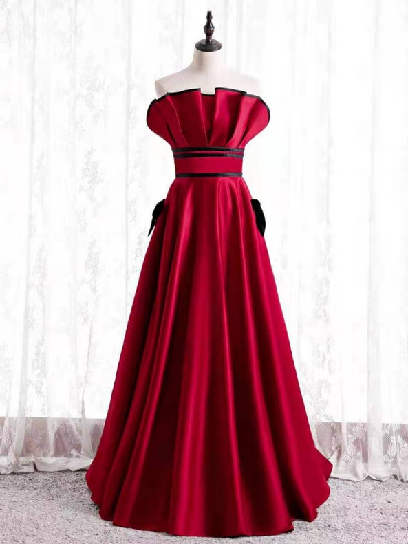 A-Line Burgundy Satin Strapless Pleats Prom Dress