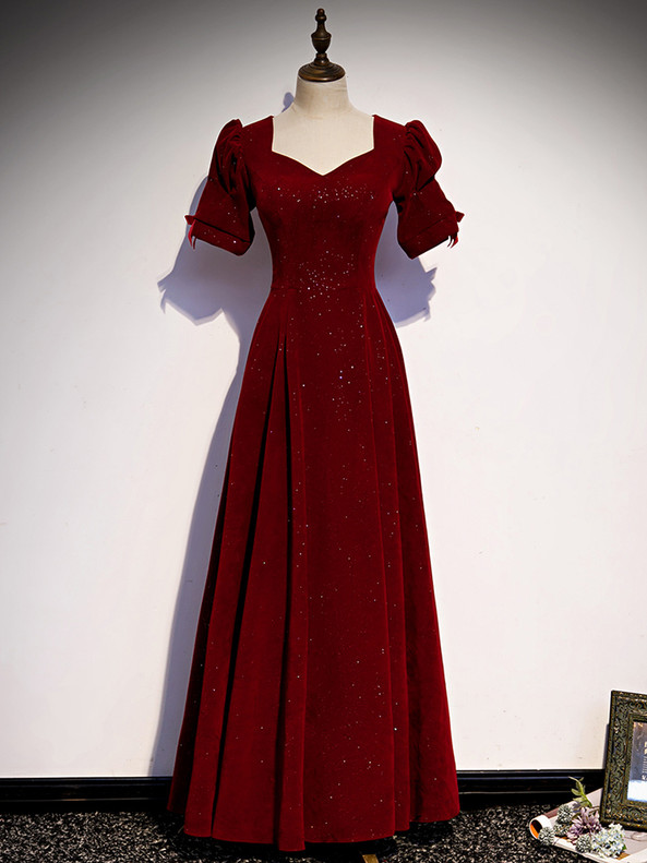 Burgundy Square Short Sleeve Velvet Prom Dress