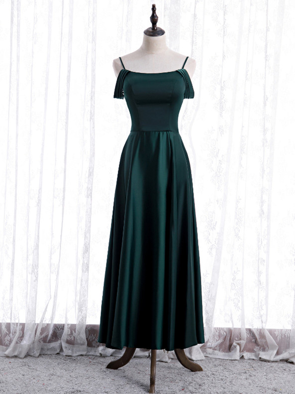 Green Satin Spaghetti Straps Ankle Length Prom Dress