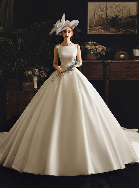 Ball Gown Satin Beading Lace Back Wedding Dress