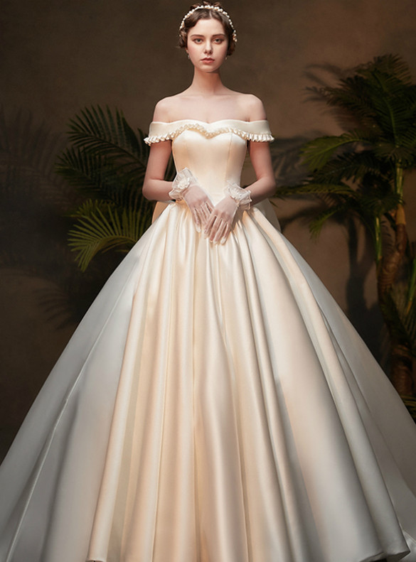 White Satin Off the Shoulder Wedding Dress With Bow