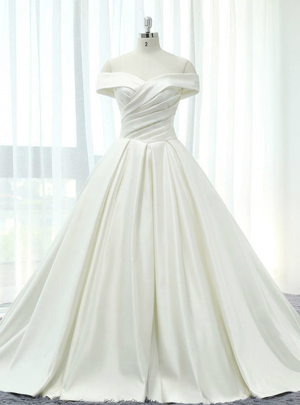 Fashion White Satin Off the Shoulder Pleats Wedding Dress