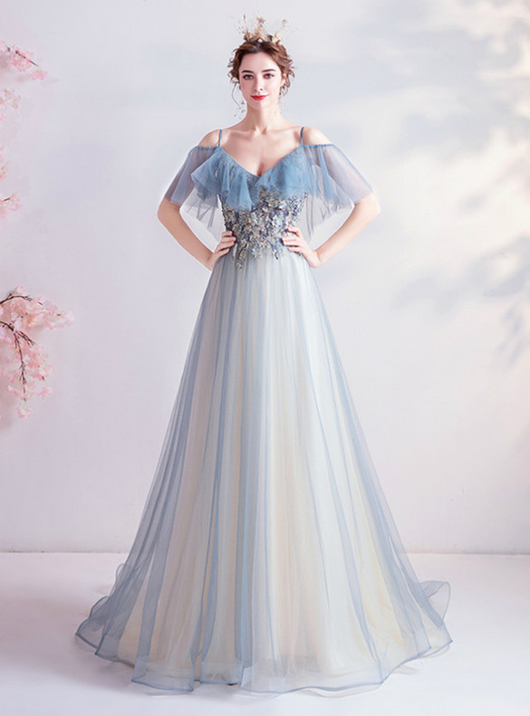 In Stock:Ship in 48 Hours Blue Tulle Spaghetti Straps Appliques Prom Dress