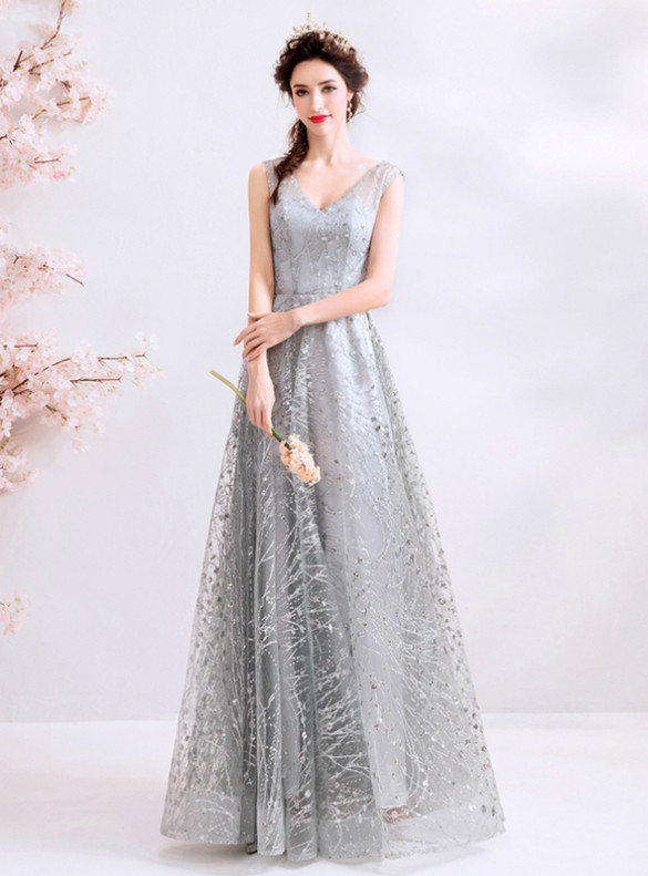 In Stock:Ship in 48 Hours Silver Gray Sequins V-neck Prom Dress