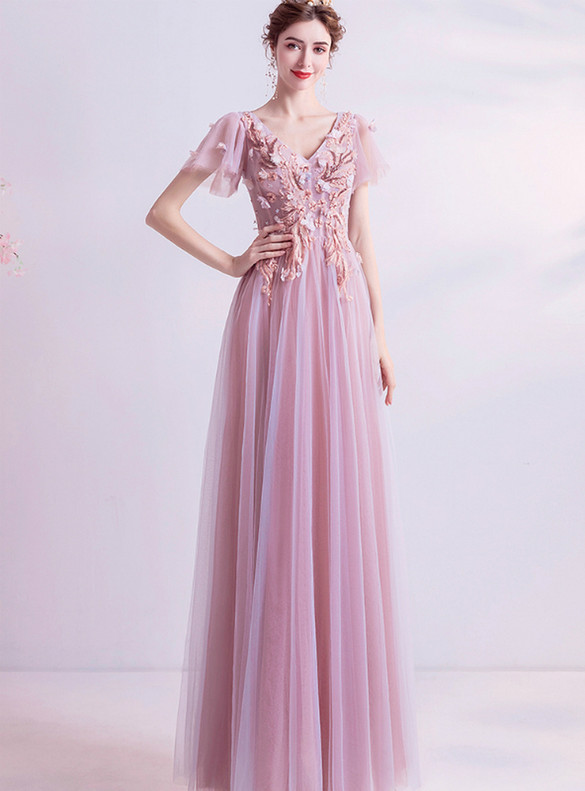 In Stock:Ship in 48 Hours Pink V-neck Appliques Prom Dress