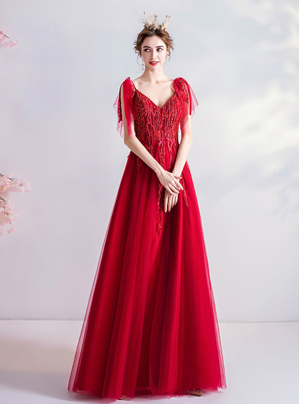 In Stock:Ship in 48 Hours Red Tulle Appliques V-neck Prom Dress