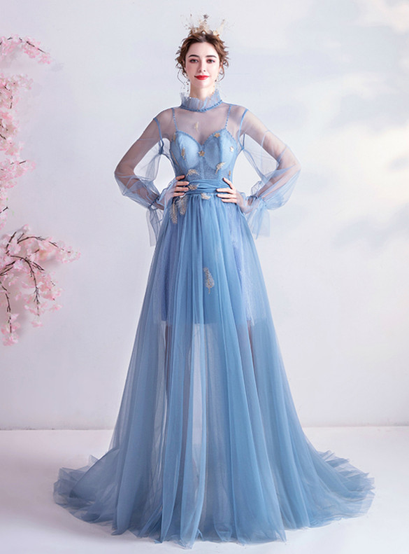 In Stock:Ship in 48 Hours Blue Long Sleeve Backless Prom Dress