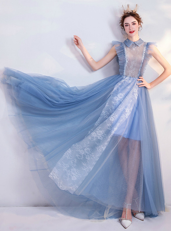 In Stock:Ship in 48 Hours Blue Lace Tulle Prom Dress