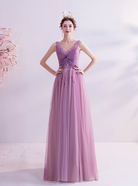 In Stock:Ship in 48 Hours Purple Tulle V-neck Prom Dress