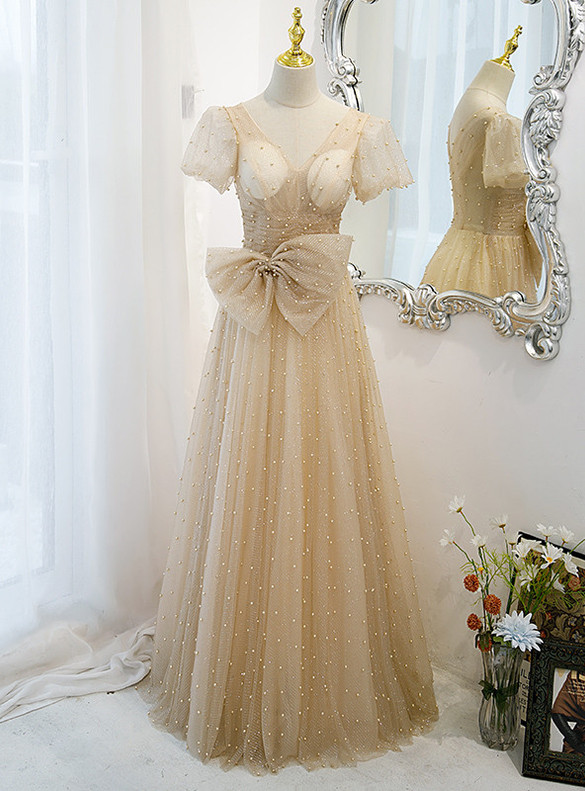 Champagne Tulle Sequins V-neck Puff Sleeve Prom Dress