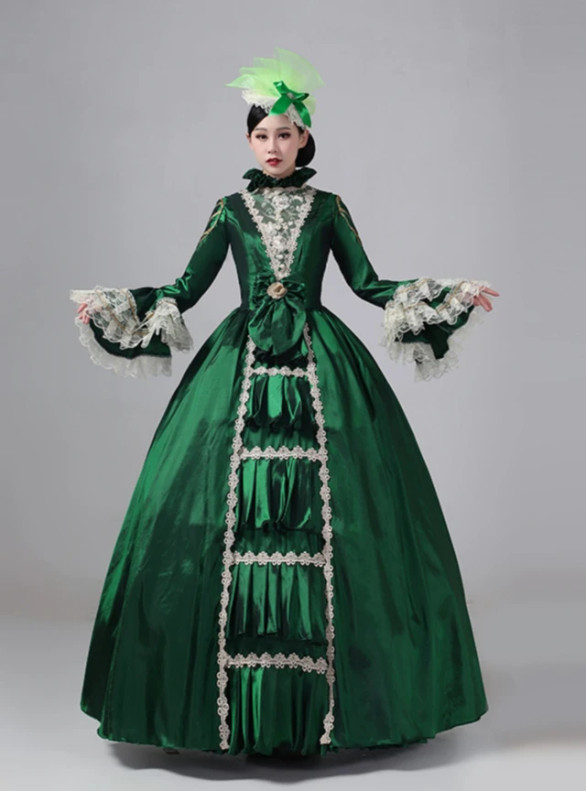 Green Satin Long Sleeve Lace Vintage Victorian Dress