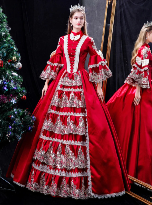 Burgundy Satin Lace Long Sleeve Baroque Victorian Dress