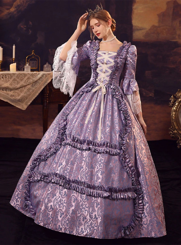 Purple Square Neck Long Sleeve Rococo Baroque Dress
