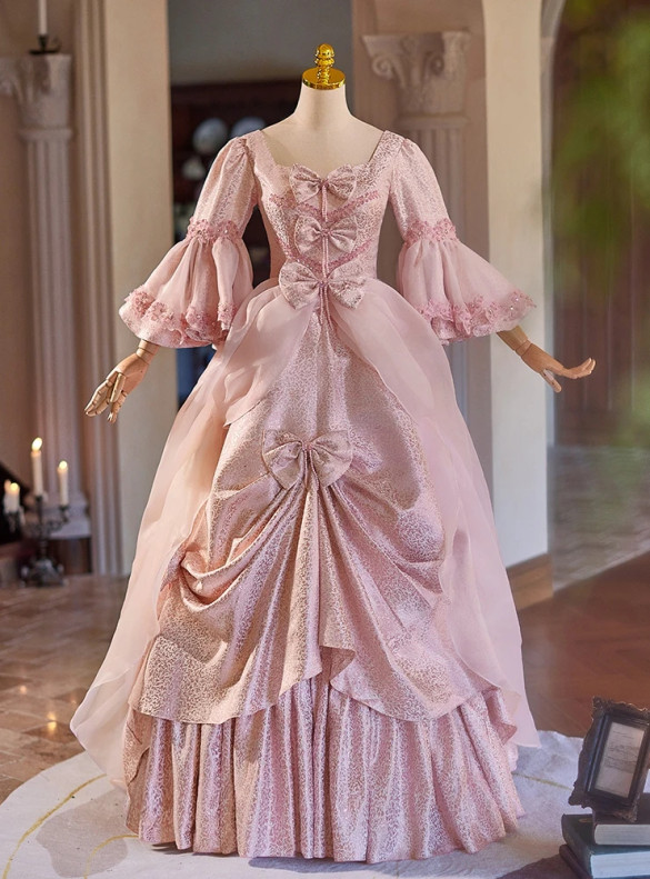 Pink Short Sleeve Bow Baroque Vintage Gown Dress