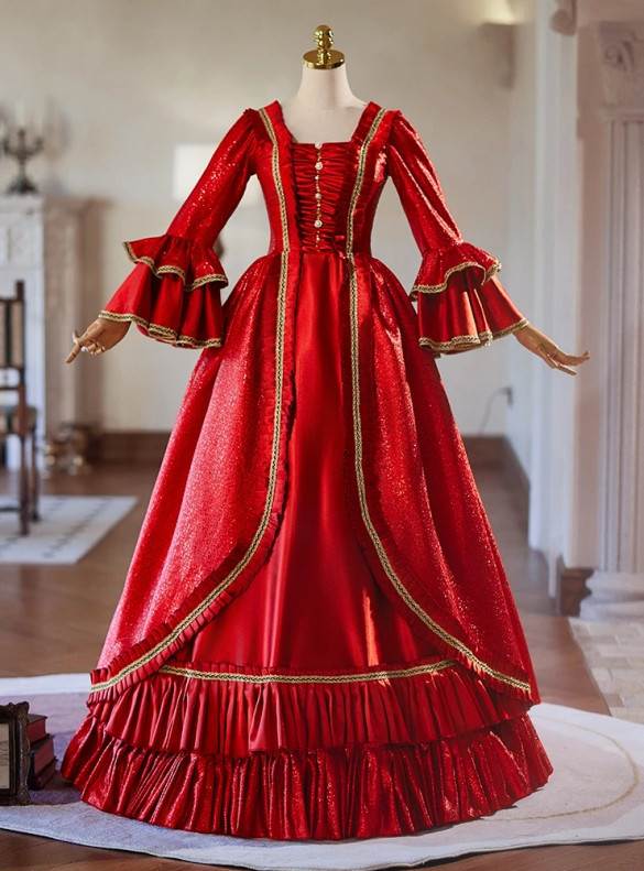 Red Long Sleeve Pleats Baroque Victorian Gown Dress