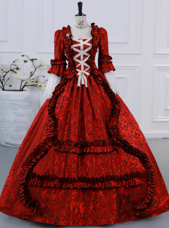 Burgundy Long Sleeve Pleats Baroque Victorian Dress