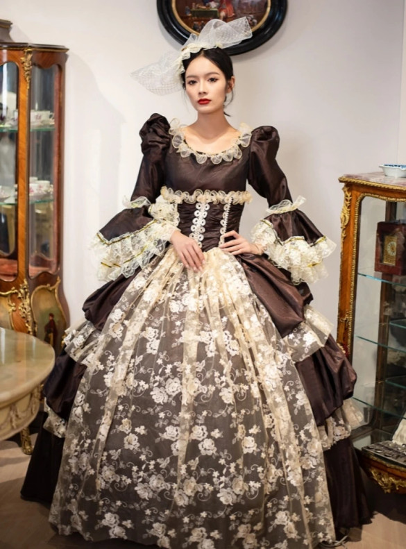 Coffee Long Sleeve Rococo Baroque Vintage Dress