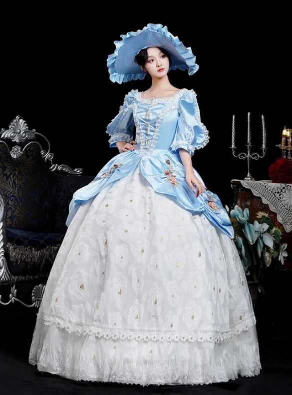 Blue Satin 3D Flower Short Sleeve Rococo Dress