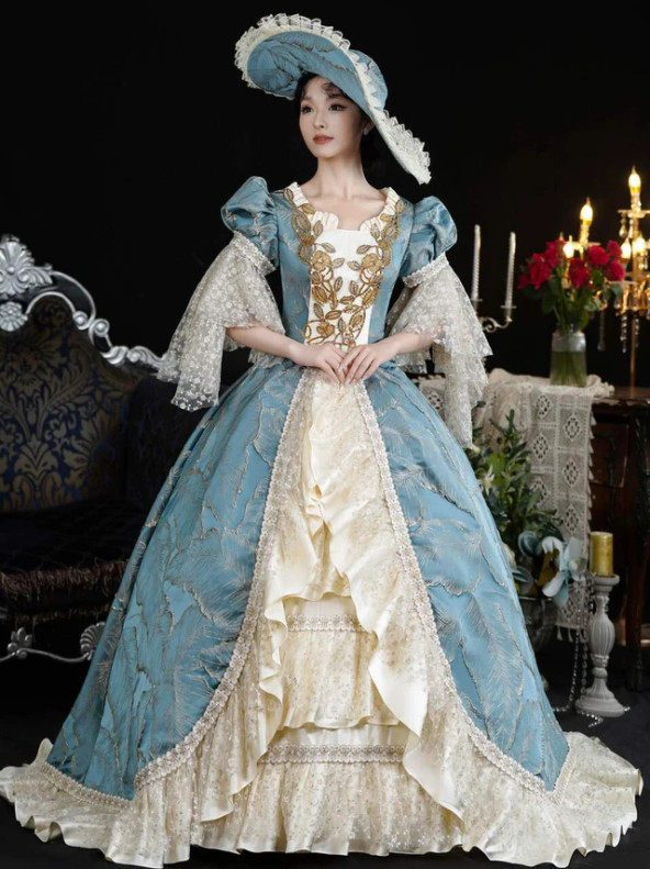 Champagne Blue Short Sleeve Rococo Baroque Vintage Dress