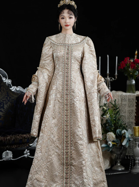 Champagne Print Long Sleeve French Retro Court Dress