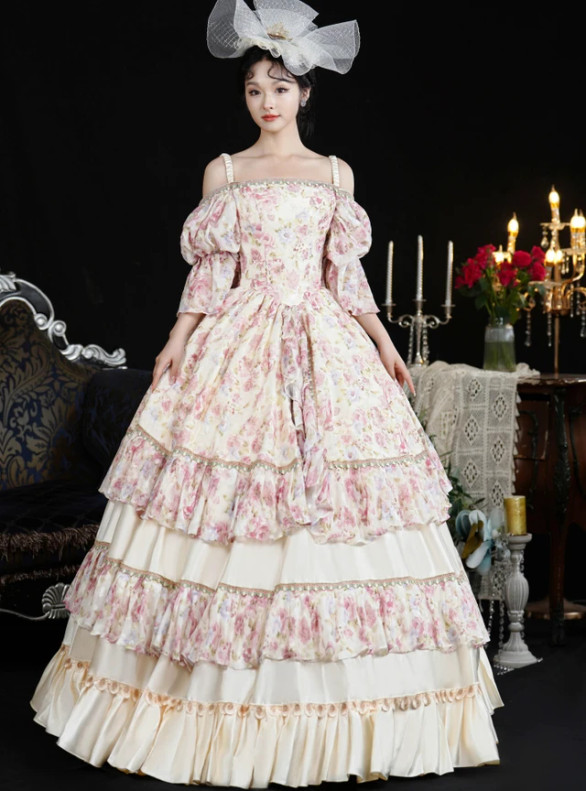 Champagne Print Short Sleeve Baroque Victorian Dress