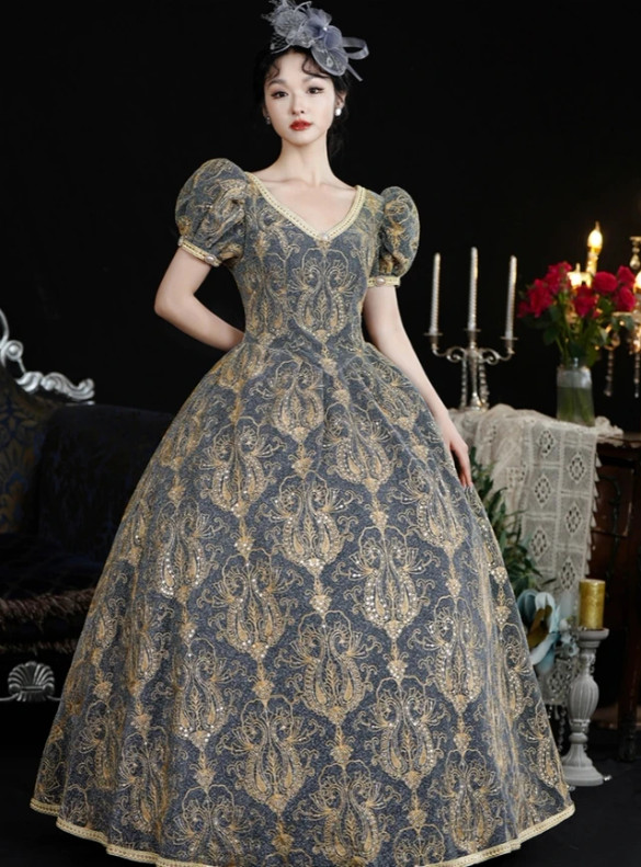 Gray V-neck Lace Puff Sleeve Baroque Victorian Dress