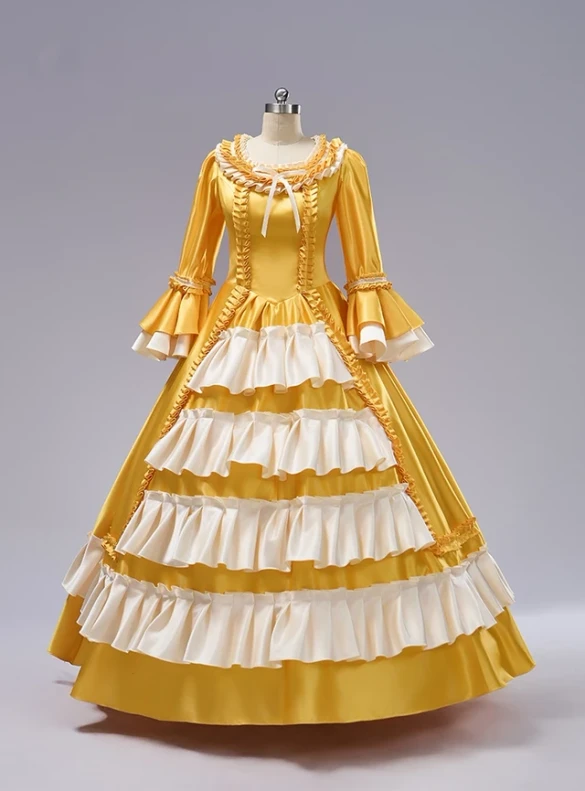 Front view of the Yellow Satin Long Sleeve Baroque Vintage Gown