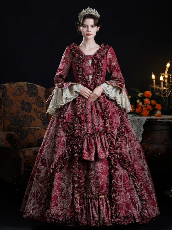 Front view of the Burgundy Long Sleeve Lace Vintage Dress
