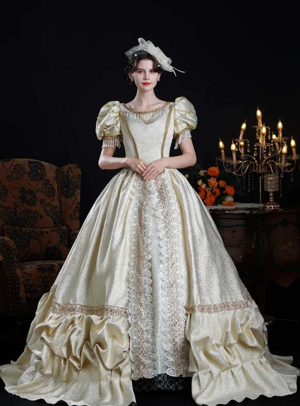 Champagne Scoop Neck Puff Sleeve Beading Vintage Dress