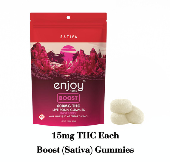 Live Rosin Boost Delta 9 THC 600mg Gummies (Sativa-Infused Raspberry) - 15mg each | 40 gummies