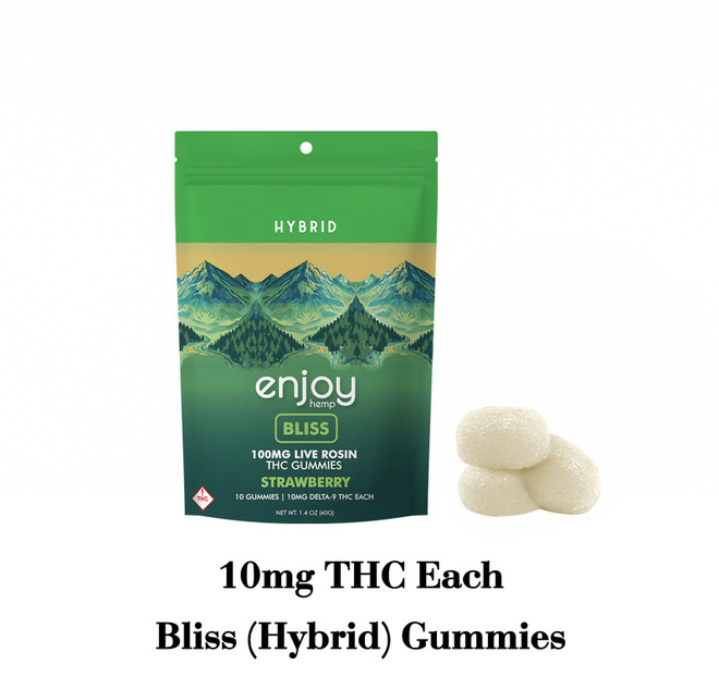 100mg Bliss Live Rosin Delta 9 THC Gummies 10mg each - Hybrid-Infused Strawberry 100mg Bliss Live Rosin Delta 9 THC Gummies 10mg each - Hybrid-Infused Strawberry