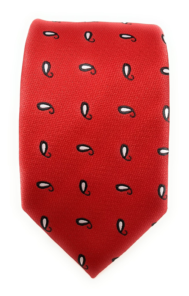 Labiyeur Men's Necktie: Fully Lined Woven Jacquard Slim Neck Tie Small Black and White Paisley Pattern on Red