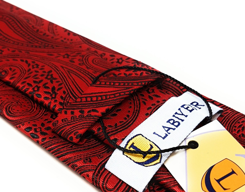 Labiyeur Men's Necktie: Fully Lined Woven Jacquard Slim Neck Tie Red Black Paisley Pattern
