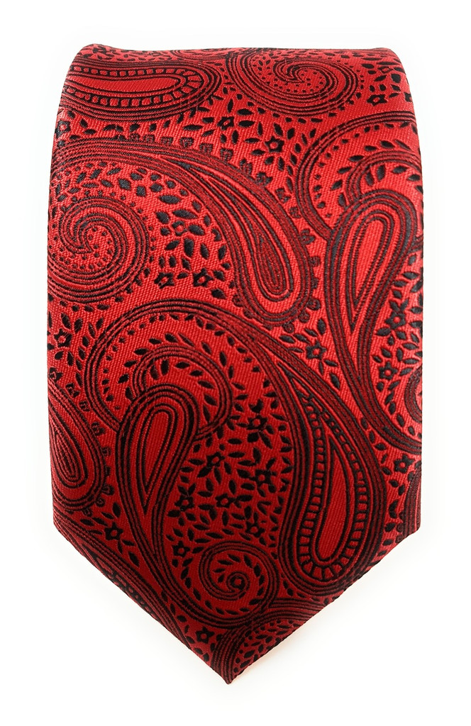 Labiyeur Men's Necktie: Fully Lined Woven Jacquard Slim Neck Tie Red Black Paisley Pattern