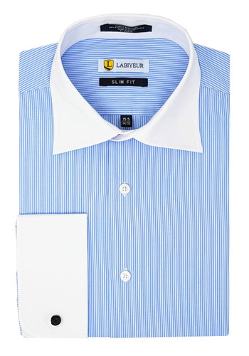 Labiyeur Slim Fit Blue White Fine Stripes French Cuff Dress Shirt