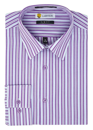 Labiyeur Slim Fit Purple Stripes White Button Cuff Dress Shirt