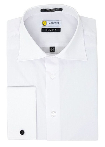 Labiyeur Men's Slim Fit French Cuff Poplin Cotton Blend Solid Dress Shirt White