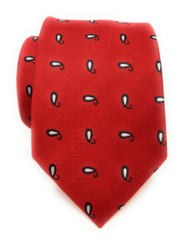 Labiyeur Men's Necktie: Fully Lined Woven Jacquard Slim Neck Tie Small Black and White Paisley Pattern on Red