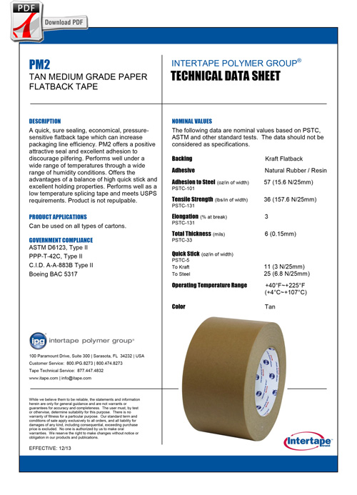 INTERTAPE KRAFT FLATBACK Tape PM2 Spec Sheet