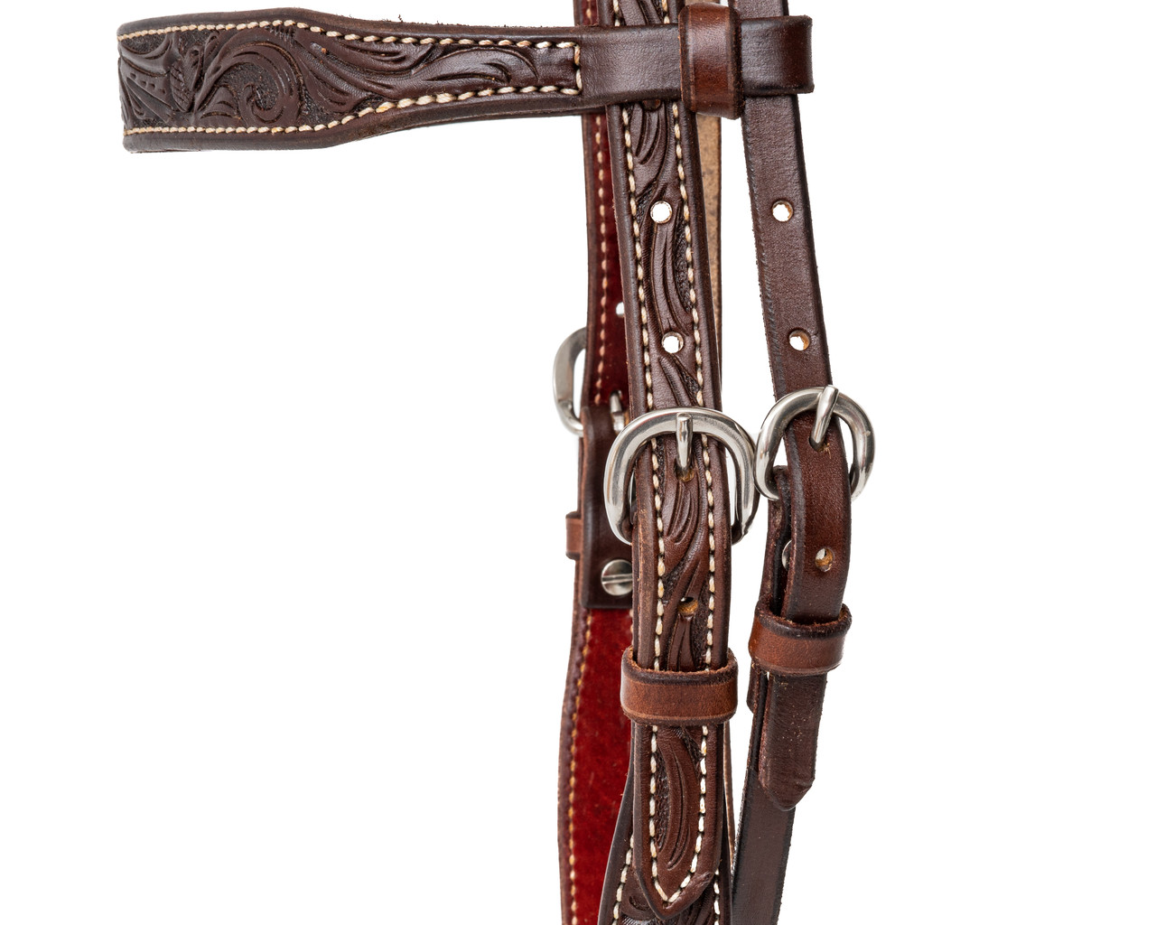 Floral Carved Leather Horse Headstall (Headcollar) - Chestnut Color With Black Stain Accents