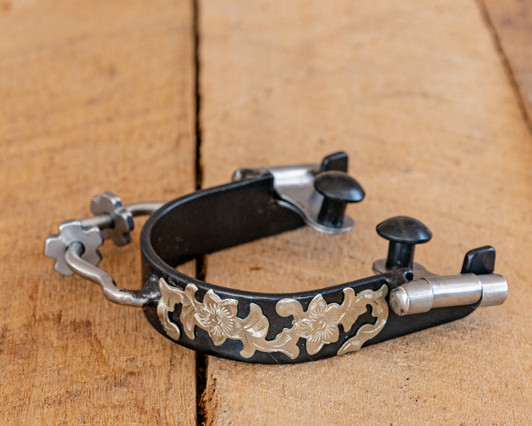  Black Steel Ladies Bumper Spurs with Engraved Floral Silver Overlay