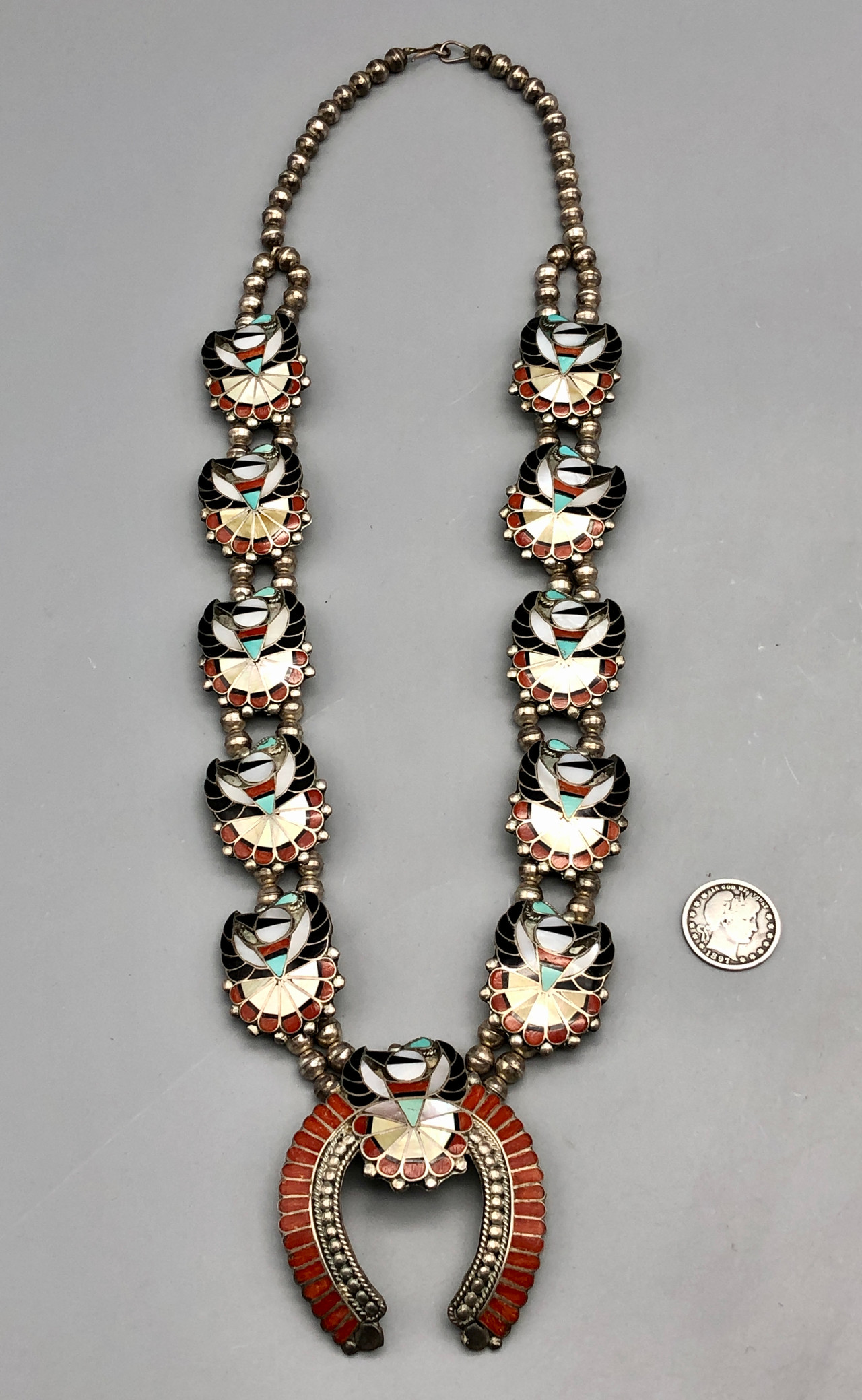 Exquisite Vintage Zuni Inlay Squash Blossom Style Necklace